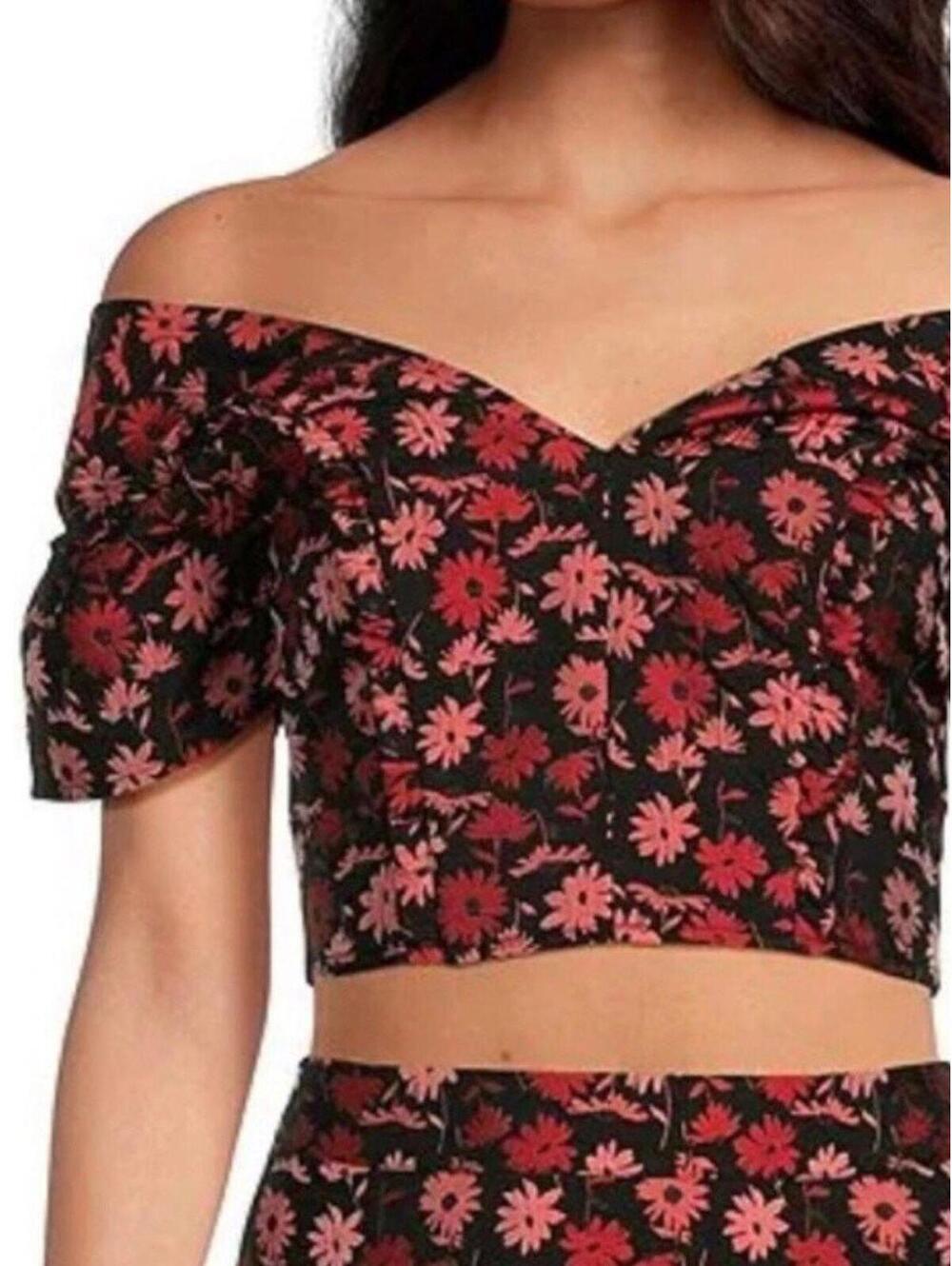 Sugarlips Black Red Floral Crop Top L NWT Off Shoulder Puff Sleeve